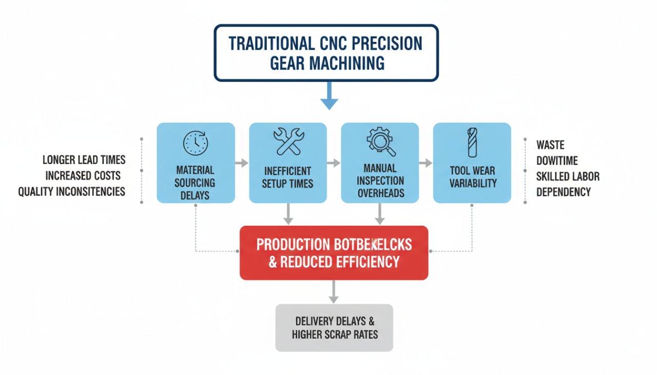 Infographic flowchart illustrating common bottlenecks in traditional CNC machining of precision gears, highlighting issues like material sourcing delays, inefficient setup times, manual inspection overheads, and tool wear variability.