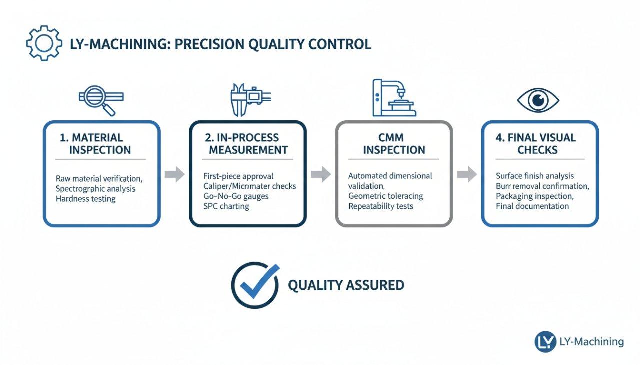 Infographic illustrating a step-by-step quality control process for ly-machining precision machined parts. It details key stages including material inspection, in-process measurement, CMM inspection, and final visual checks, presented with clear icons and arrows.