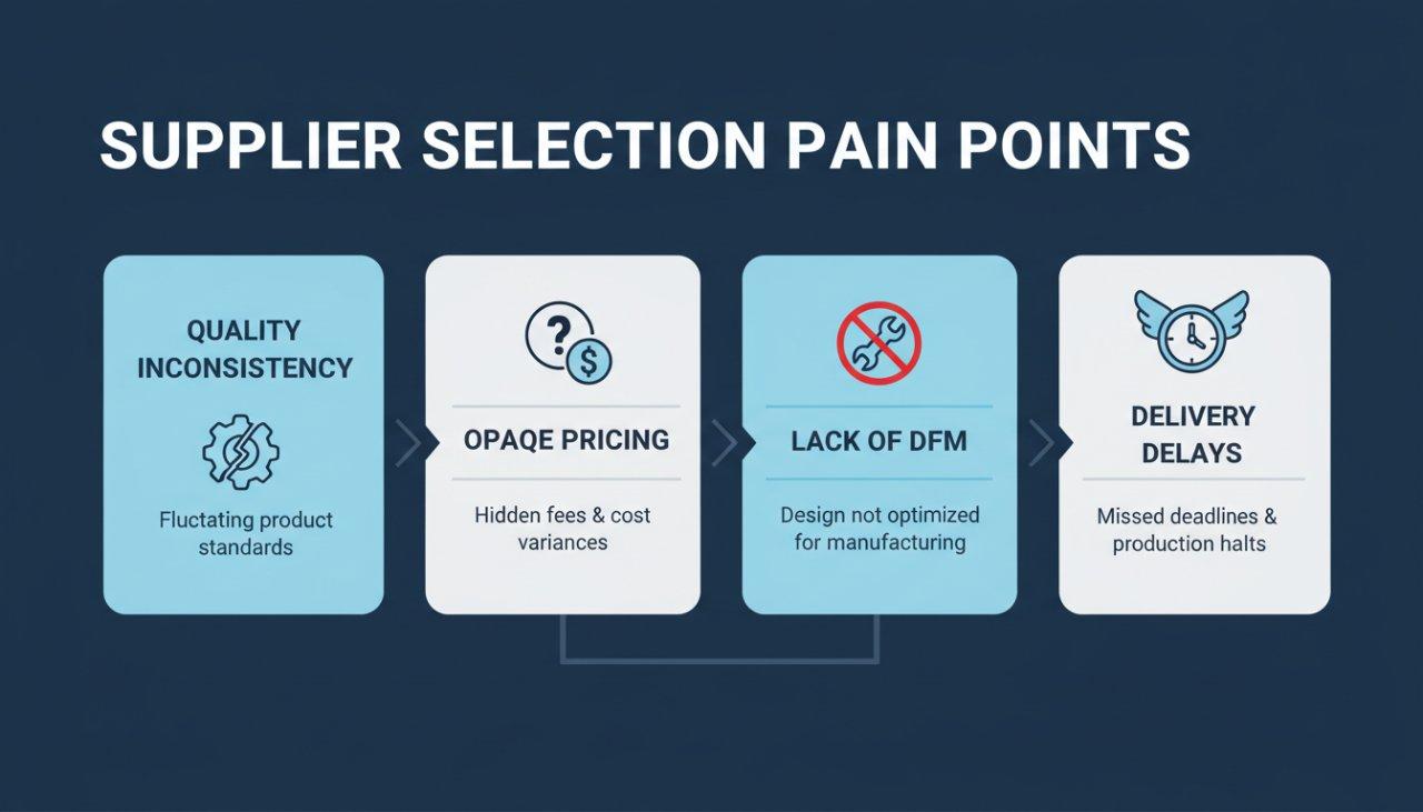 Infografía que ilustra los puntos débiles más comunes en la selección de proveedores, con secciones sobre inconsistencia de la calidad, precios opacos, falta de diseño para