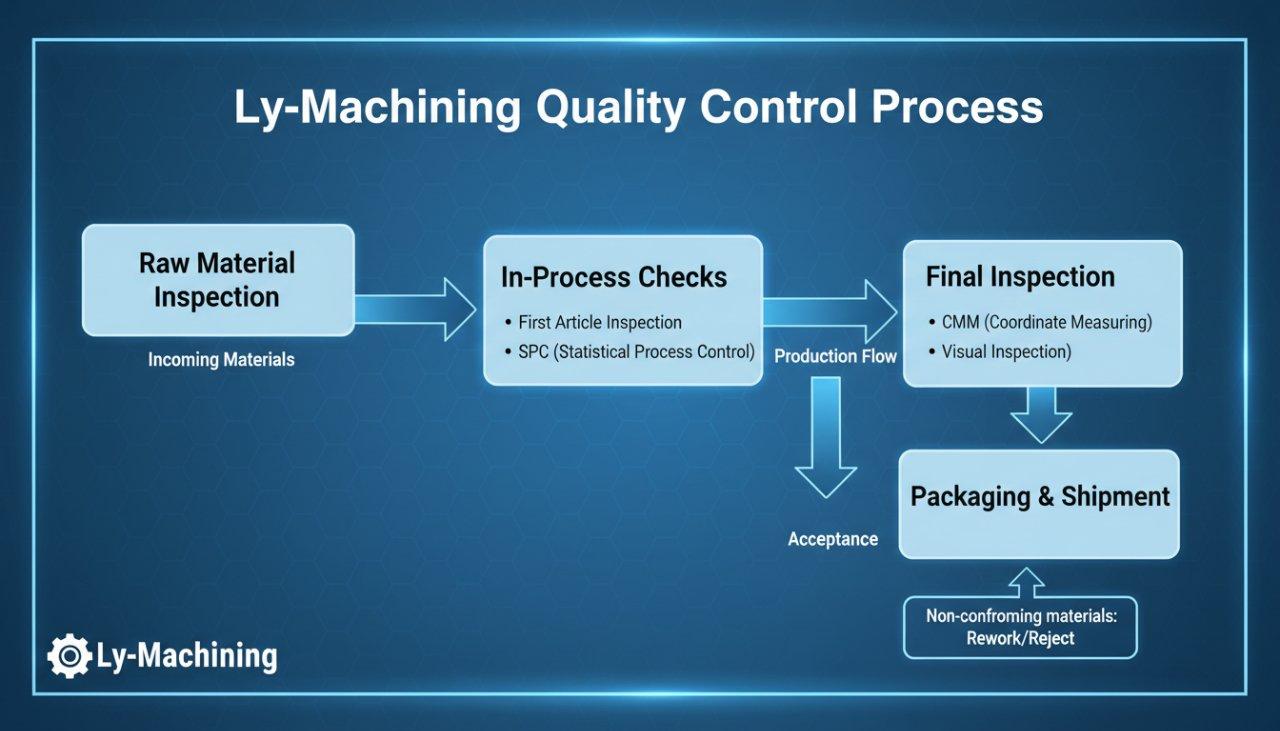 Infographic illustrating ly-machining's comprehensive Quality Control (QC) process flowchart. The visual guide details each stage, starting with Raw Material Inspection, moving through In-Process Checks (including First Article Inspection and Statistical Process Control - SPC), then to Final Inspection (utilizing CMM and visual checks), and concluding with Packaging & Shipment. This flowchart emphasizes a systematic approach to ensuring product precision and manufacturing quality.