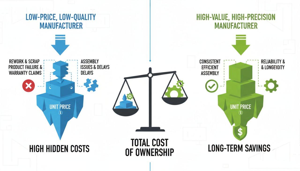 Infografía que ilustra el Costo Total de Propiedad (TCO) para piezas CNC, contrastando los gastos ocultos de la fabricación de bajo precio y baja calidad (retrabajo, problemas de ensamblaje, falla del producto) con los ahorros a largo plazo, la confiabilidad y la precisión ofrecidos por los fabricantes de alto valor.