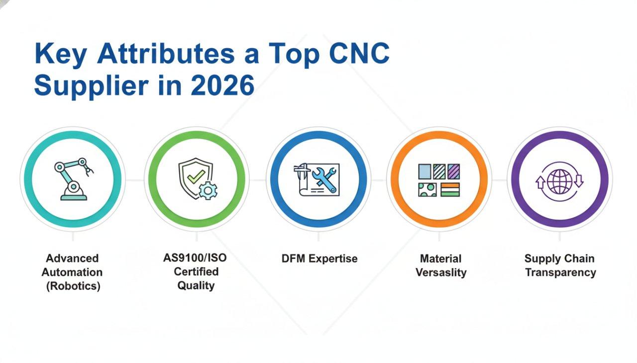 Infografía titulada Características Clave de un Proveedor CNC de Primera en 2026 que detalla cualidades cruciales para los principales fabricantes, incluyendo Automatización Avanzada