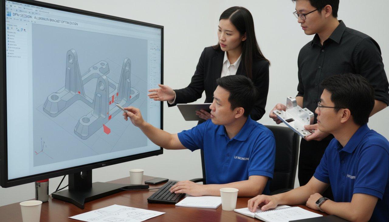 Ly-machining engineers and a client representative engage in a productive DFM (Design for Manufacturability) session, actively reviewing a 3D CAD