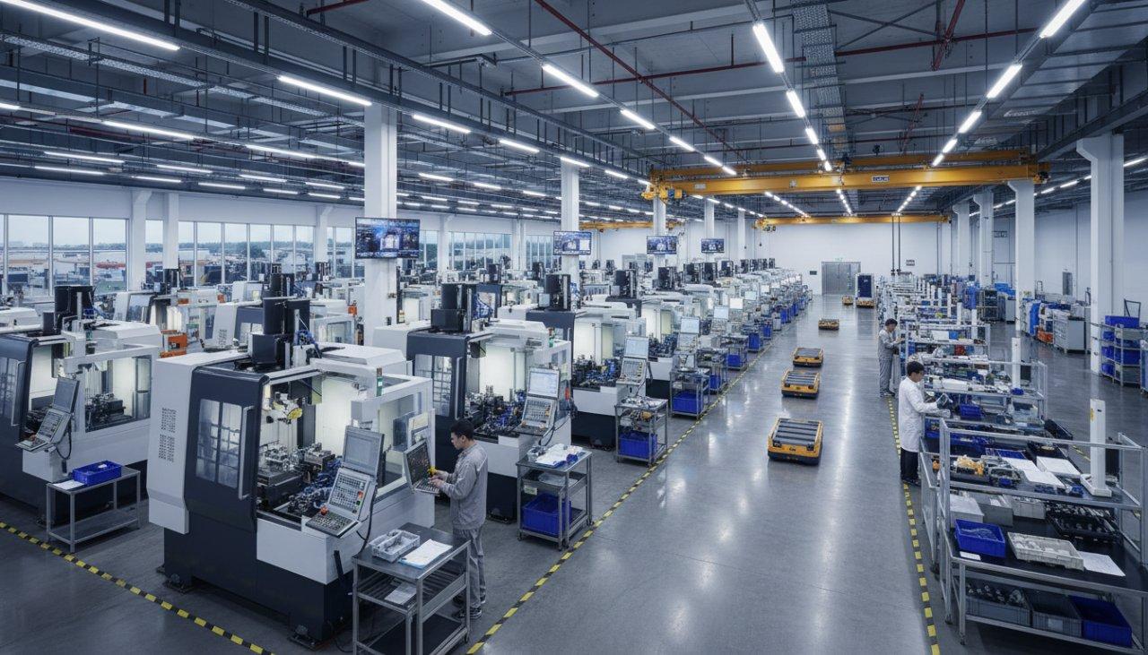 Vista panorámica de una vasta y moderna planta de fabricación de mecanizado CNC, llena de múltiples centros de mecanizado avanzados y estaciones de control de calidad dedicadas. Técnicos capacitados están trabajando diligentemente, mostrando operaciones de fabricación eficientes y de alta tecnología e ingeniería de precisión a gran escala desde una perspectiva ligeramente elevada.