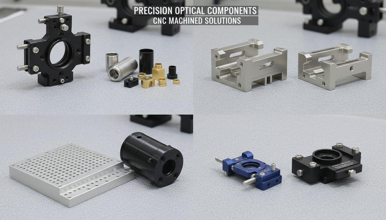 Produkt-Collage, die eine vielfältige Auswahl an hochpräzisen CNC-gefertigten Teilen für verschiedene optische Anwendungen zeigt. Merkmale sind