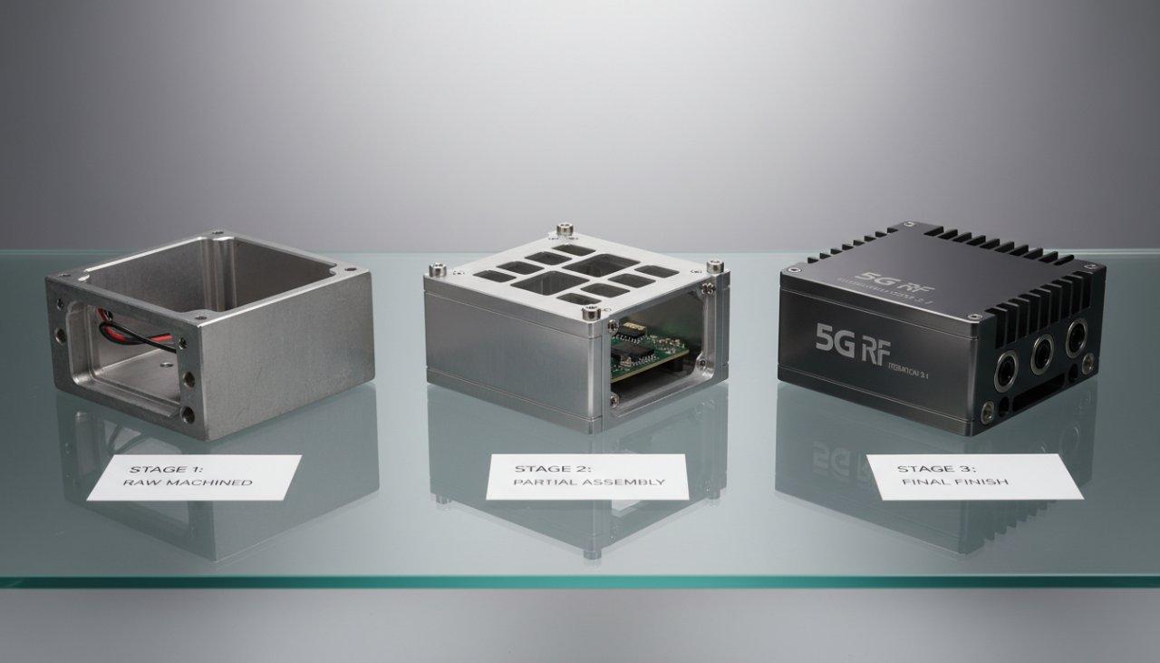 Image de collection de produits montrant différentes étapes du prototypage d'un boîtier RF en aluminium 5G, d'un prototype usiné brut et d'une unité partiellement assemblée à une enceinte finie, illustrant le processus de conception itératif.