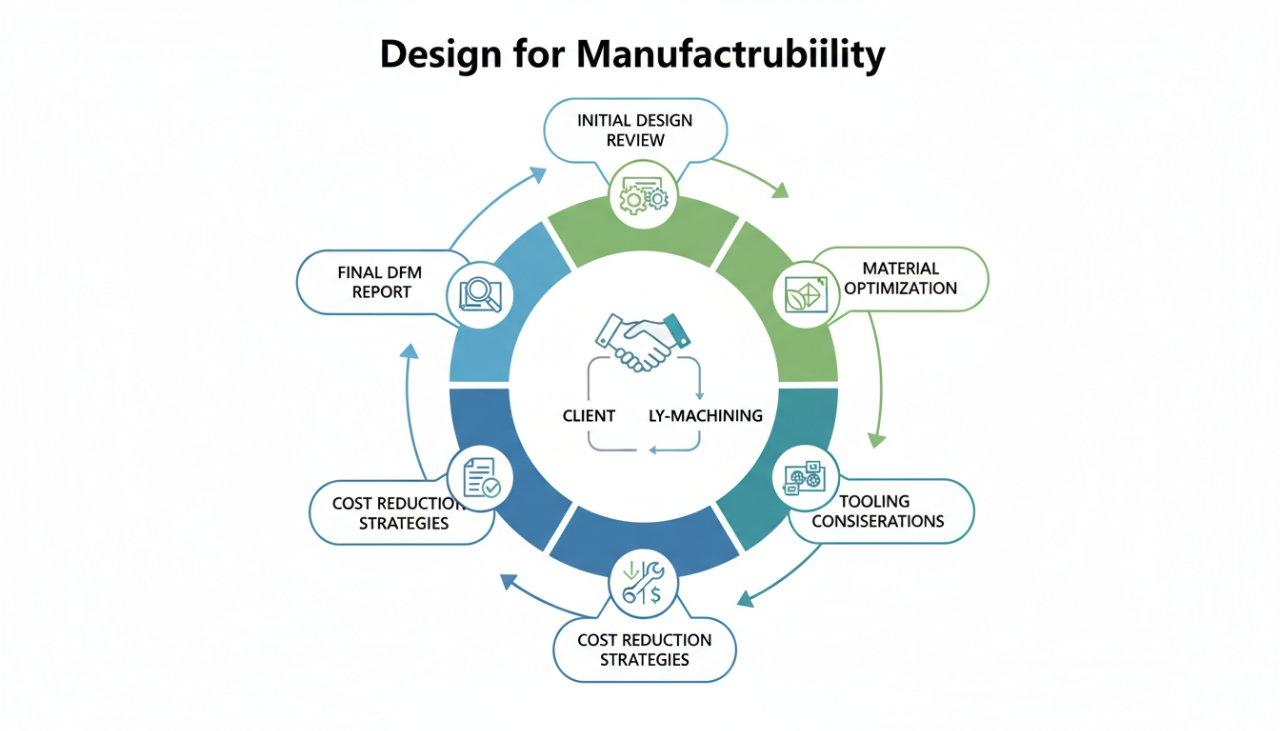 Infografía vectorial profesional que ilustra el proceso de Diseño para la Fabricabilidad (DFM). Muestra un flujo circular con íconos que representan