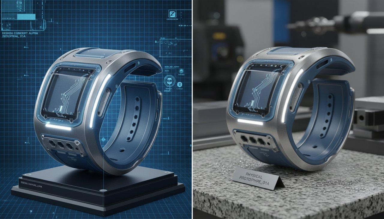 Image divisée comparant un rendu CAD 3D très détaillé d'un boîtier futuriste pour wearable intelligent avec son prototype usiné CNC parfaitement correspondant, démontrant une fidélité de conception exceptionnelle et une fabrication avancée.