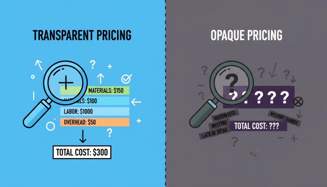 Vector graphic comparing a transparent pricing model with an opaque pricing model. The transparent side clearly illustrates detailed cost breakdow