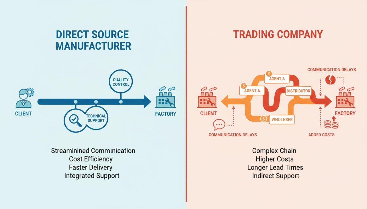 Vector graphic comparing the supply chain of a direct source manufacturer versus a trading company. The direct manufacturer pathway illustrates a