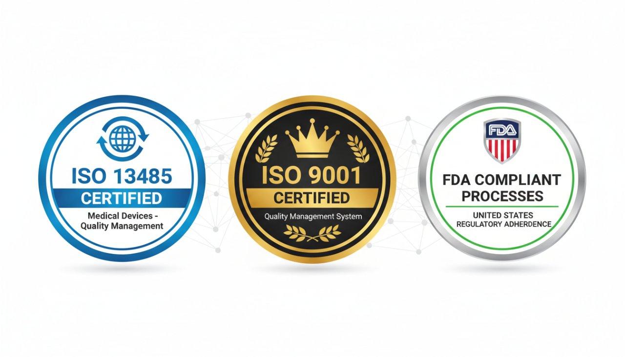 Graphique vectoriel affichant des badges importants pour les certifications ISO 13485 et ISO 9001, ainsi qu'un badge de processus conforme à la FDA, indiquant la conformité réglementaire.