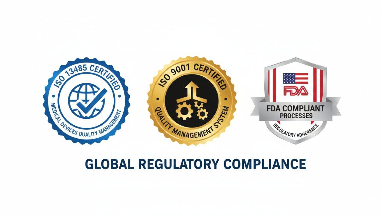 Vektor-Grafik mit hervorstechenden Abzeichen für ISO 13485 und ISO 9001 Zertifizierungen neben einem 'FDA-konforme Prozesse'-Abzeichen, das starke