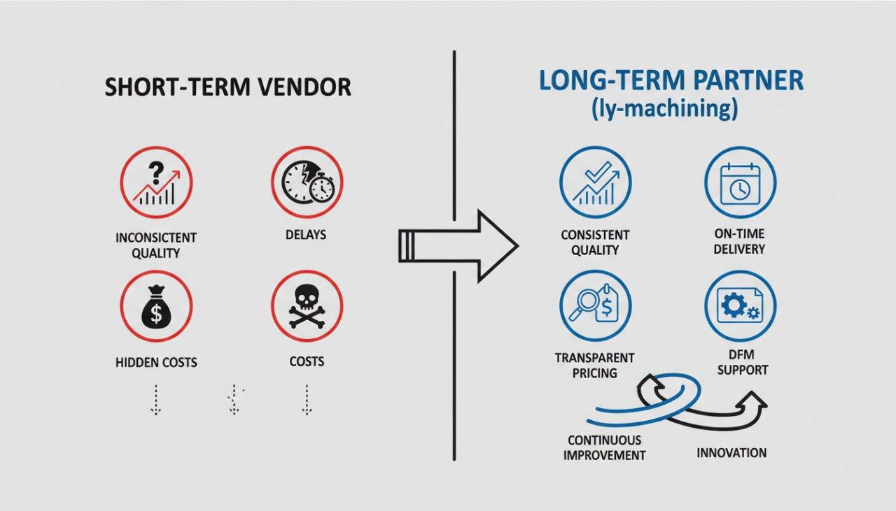 Gráfico vectorial que ilustra las claras ventajas de una asociación a largo plazo con ly-machining frente al cambio de proveedor a corto plazo. El 'Proveedor a corto plazo