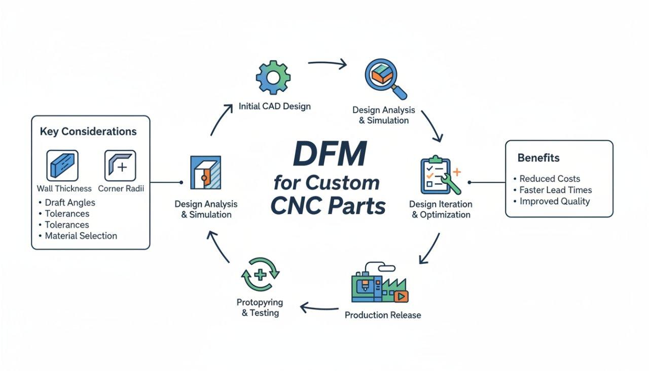 Vector graphic illustrating the iterative Design for Manufacturability (DFM) process for custom CNC parts, detailing steps from initial design to optimized production with callouts for key considerations like wall thickness and corner radii.