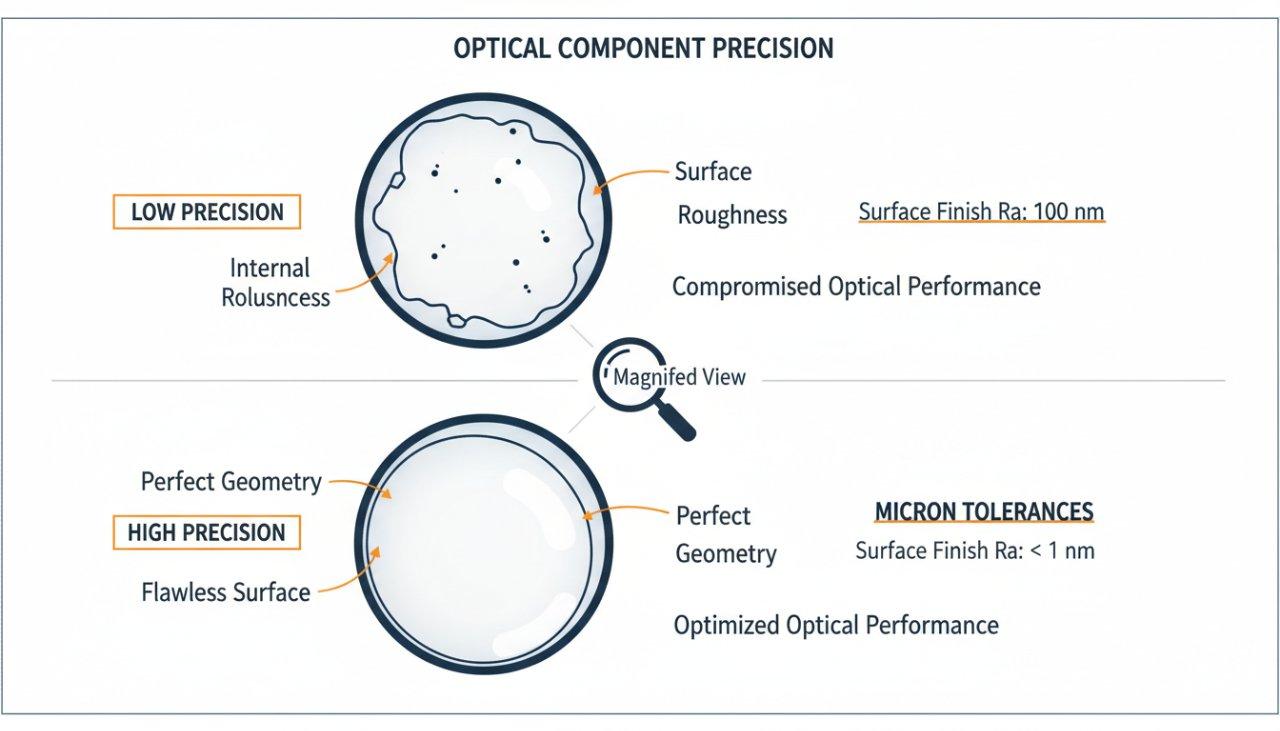 Infographie vectorielle illustrant l'importance critique de la précision dans les composants optiques. Elle présente deux sections transversales agrandies d'une lentille : l'une montrant de minuscules imperfections telles que la rugosité de surface et les inclusions internes qui compromettent la performance optique, et l'autre représentant un composant parfaitement lisse, aux dimensions précises, symbolisant une haute qualité. Les étiquettes mettent en évidence des métriques clés comme " tolérances au micron " et " finition de surface Ra " pour souligner les normes de fabrication.