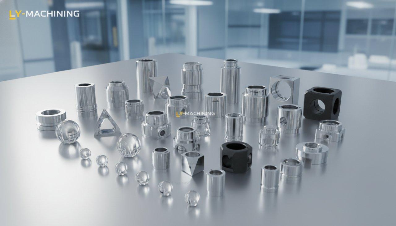 Visuell ansprechende Sammlung verschiedener medizinischer Endoskop-Optikkomponenten von ly-machining. Präsentiert verschiedene Größen, Formen wie Linsen, Prismen