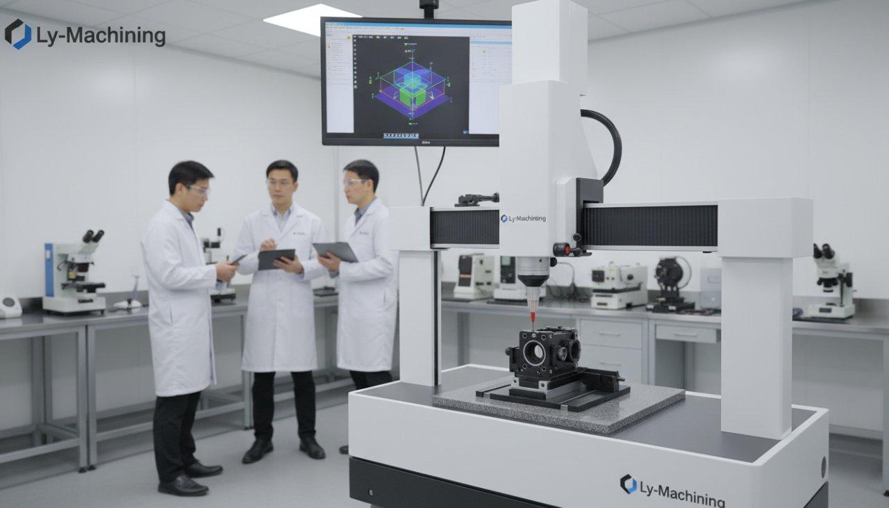 A professional, clear image of ly-machining's quality control lab, showcasing a Coordinate Measuring Machine (CMM) meticulously inspecting a small, complex optical housing component to ensure ultimate precision and quality.
