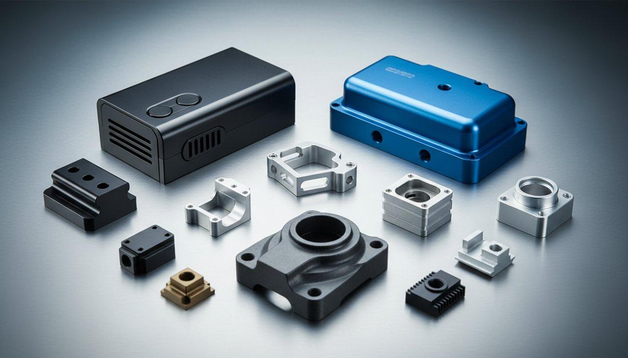 A diverse collection of high-precision CNC machined aluminum components, showcasing excellent surface finish and intricate details. Featured parts include an aerospace bracket, medical instrument housing, automotive sensor mount, and consumer electronics enclosure, highlighting multi-industry applications.